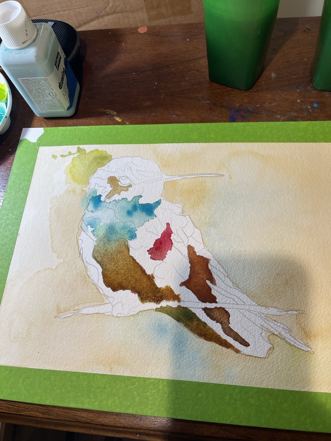 Early hummingbird watercolor washes and pencil outlines on paper taped to the studio table