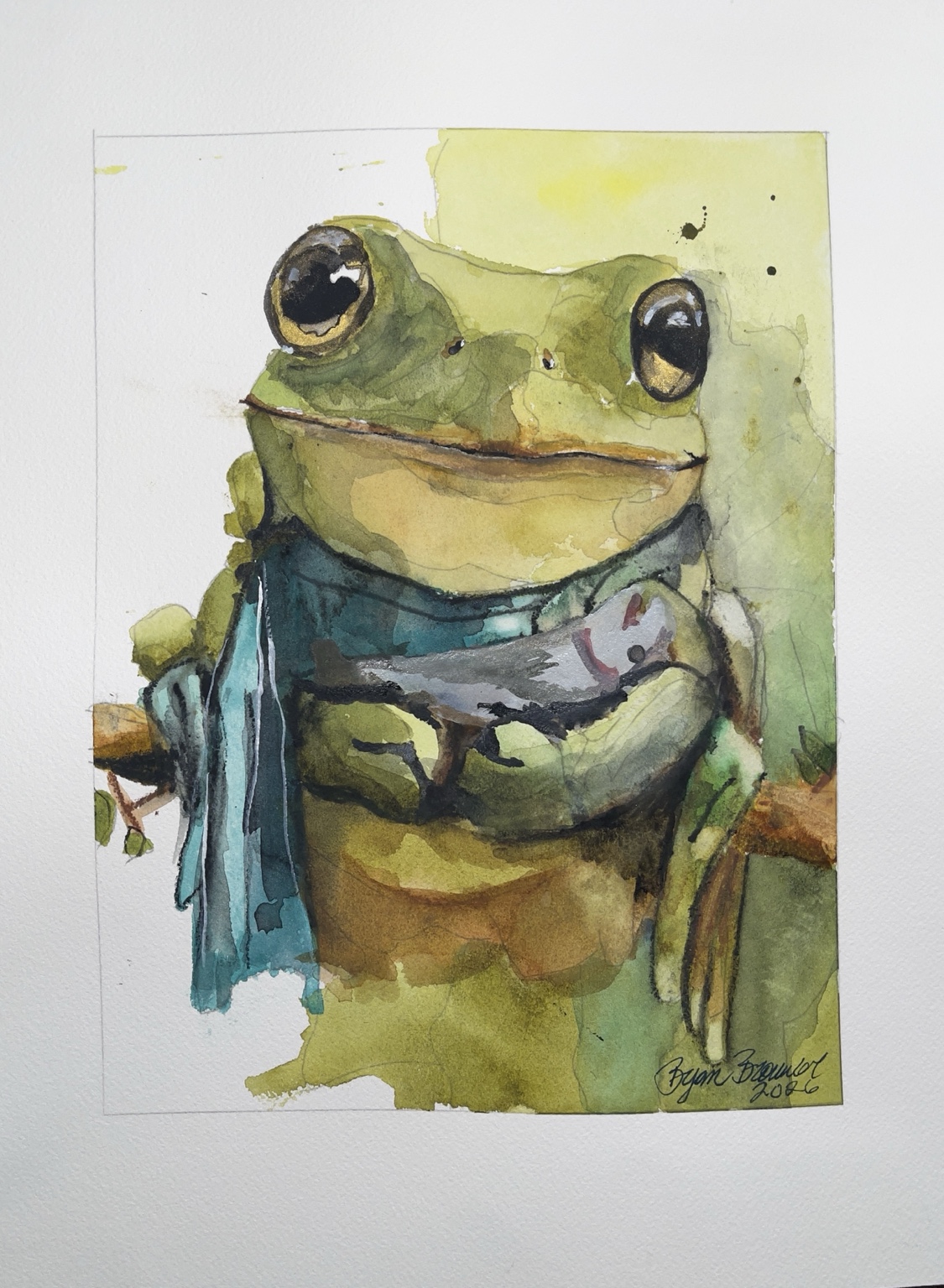 Romantic Dinner, a watercolor of a green tree frog in a blue scarf holding a fish by Bryan Brouwer